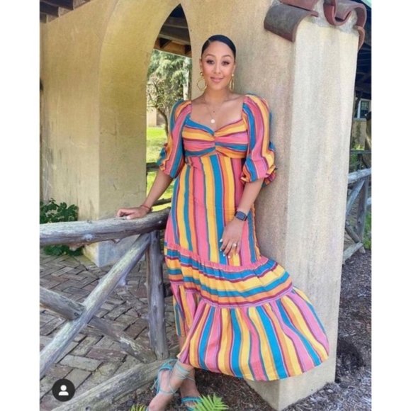 NWT FARM Rio Anthropologie Rainbow Stripe Midi Dress - Picture 2 of 4